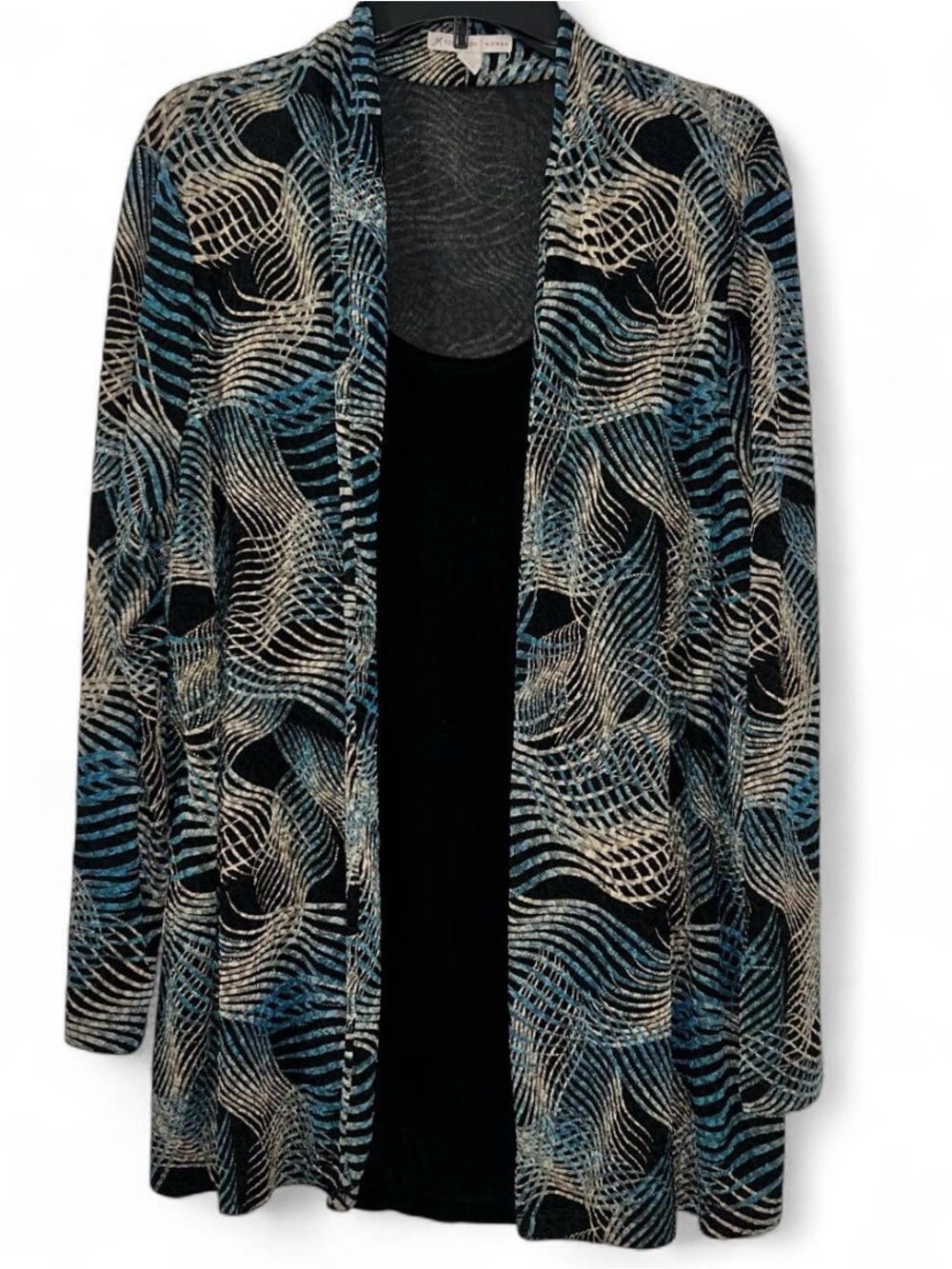 JM Collection Open Front Wave Print Cardigan - Black, Blue, Cream Women’s 2X